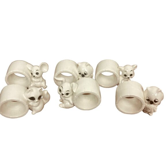 Schmid Bros Animal Napkin Rings Set Of 6 White Ceramic Raccoon Owl Mouse in Box - Picture 4 of 14